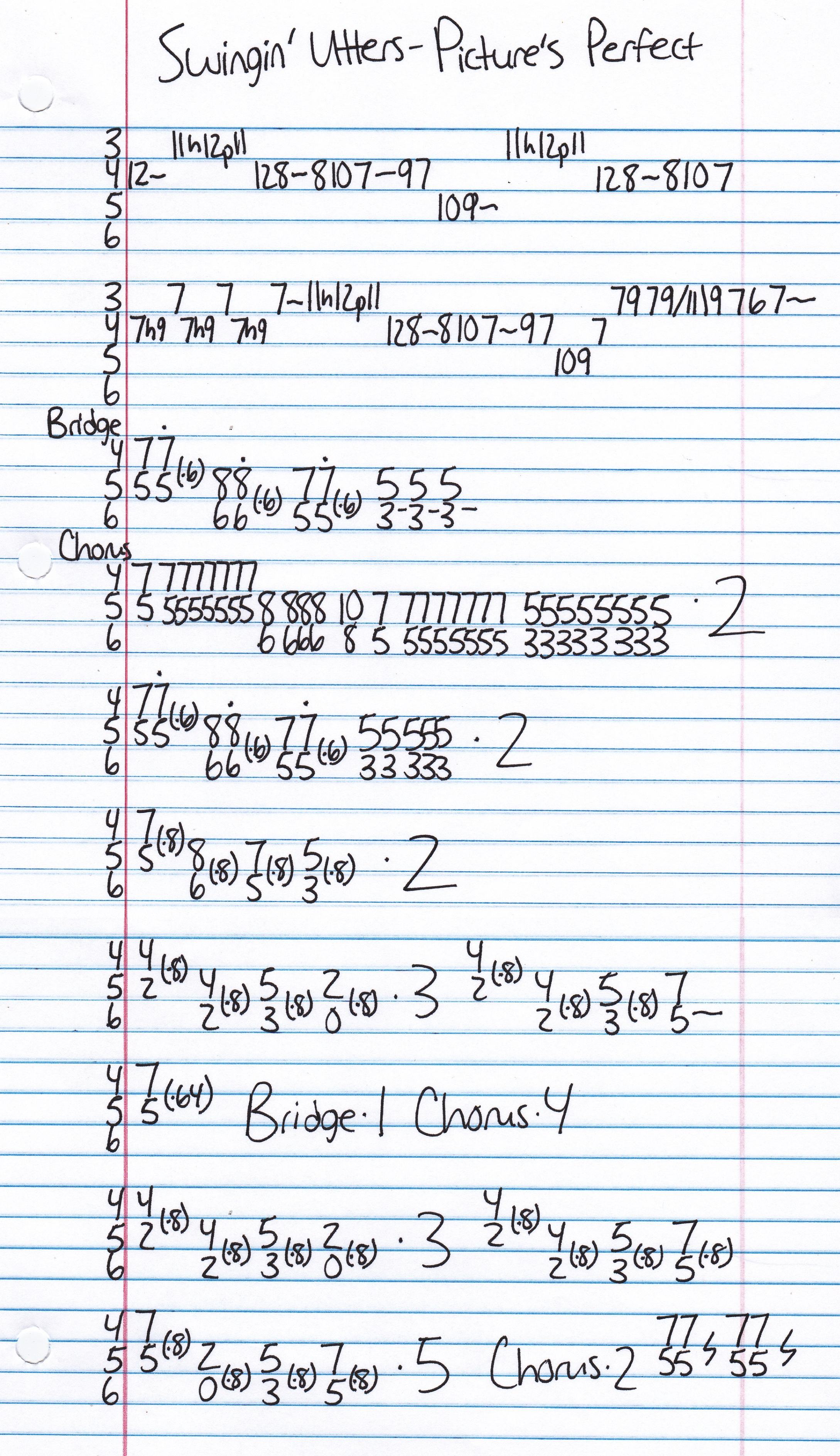 High quality guitar tab for Picture's Perfect by Swingin' Utters off of the album Five Lessons Learned. ***Complete and accurate guitar tab!***